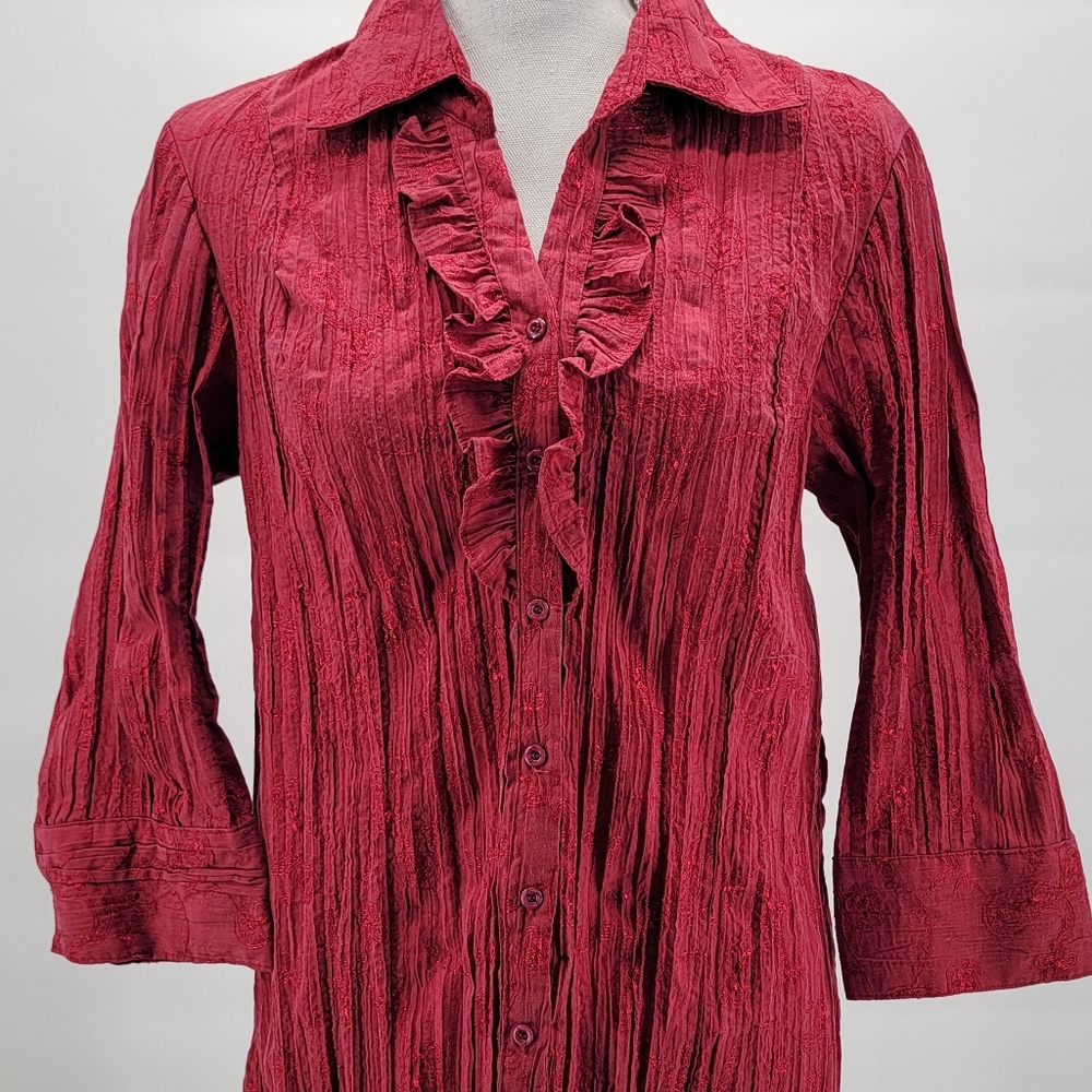 St Johns Bay 3/4 Sleeve Ruffle Womens Large Red Button Up Shirt Blouse